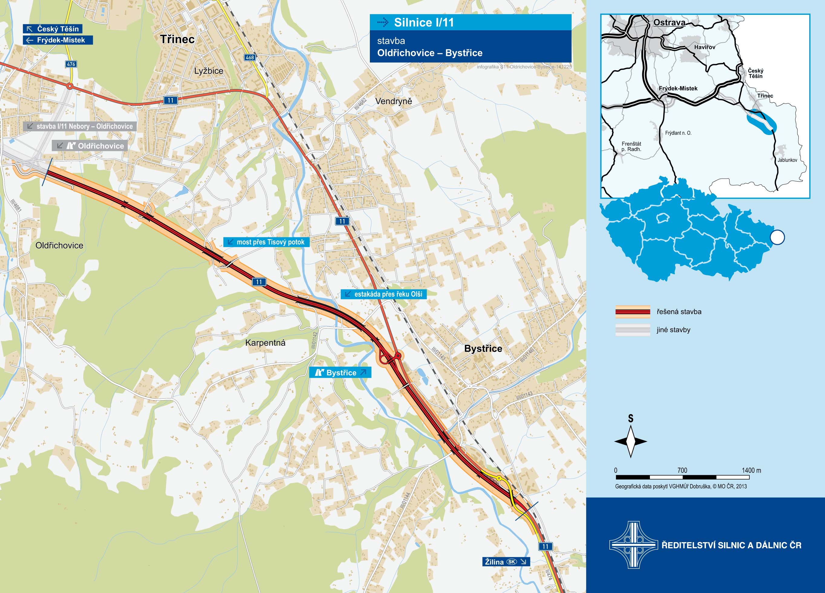 Mapa stavby silnice I/11 Oldřichovice - Bystřice