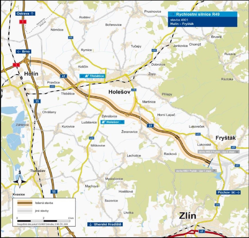 Mapa stavby D49 Hulín - Fryšták