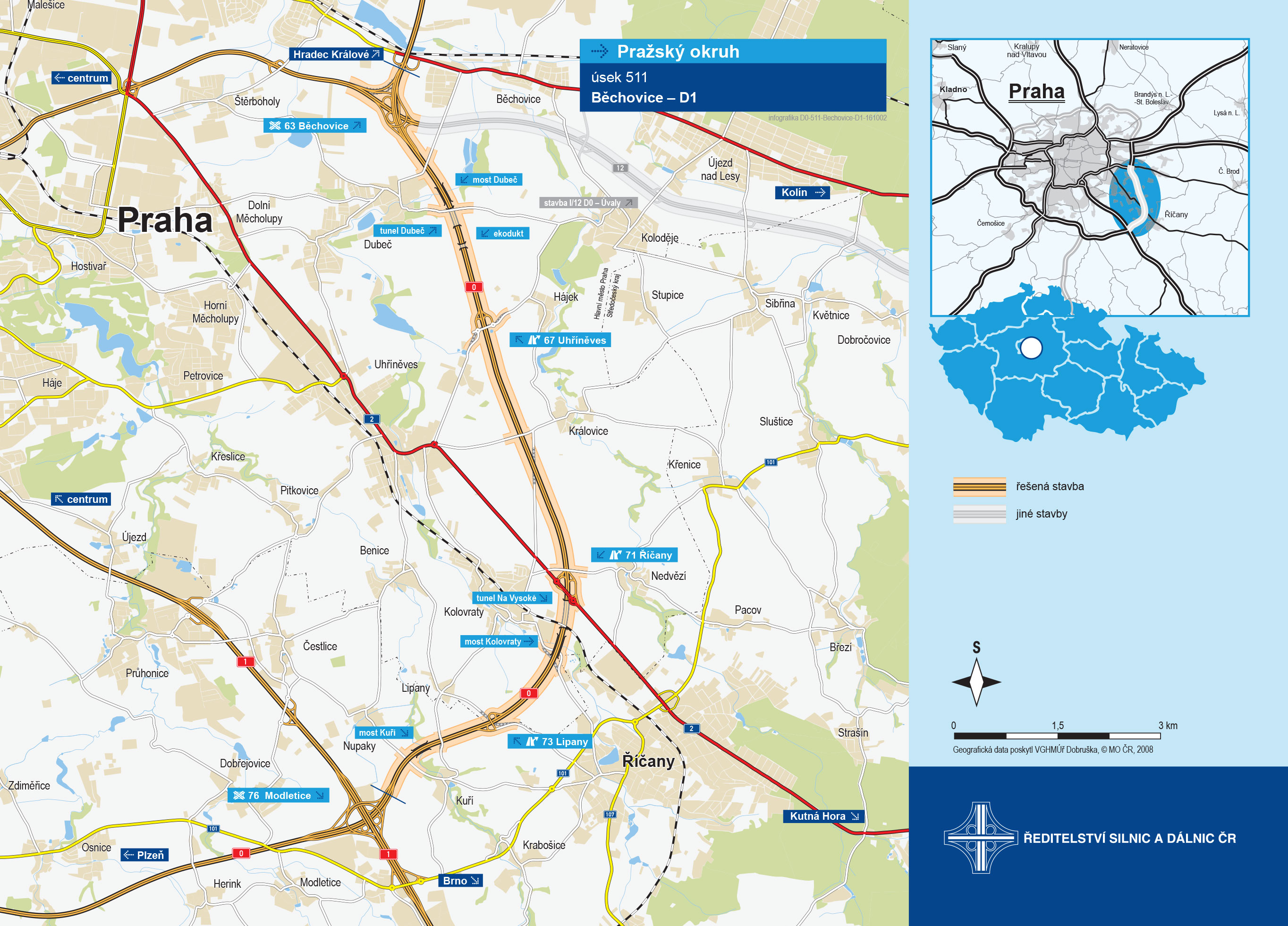 Mapa výstavby Silničního okruhu kolem Prahy v úseku Běchovice - dálnice D1